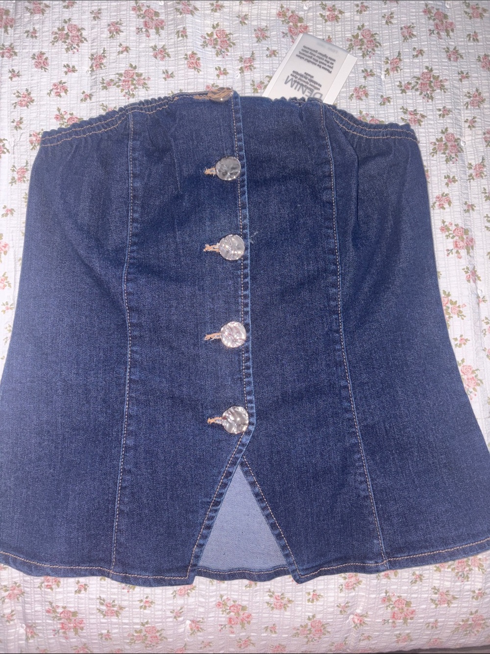 Love Tree Dark Blue Denim Strapless Top with Front Buttons